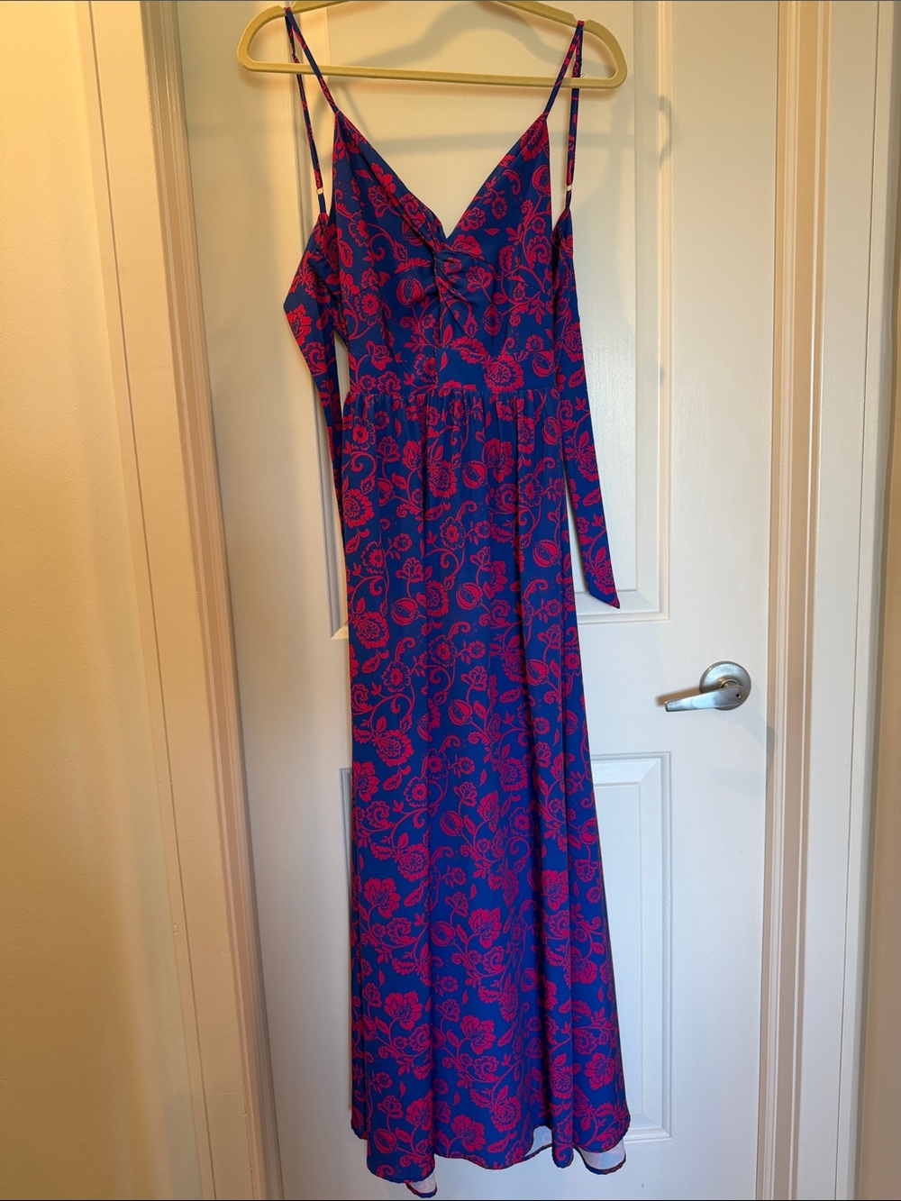 Blue and Dark Pink Paisley Maxi Dress • Front Twist and Key Hole • women medium